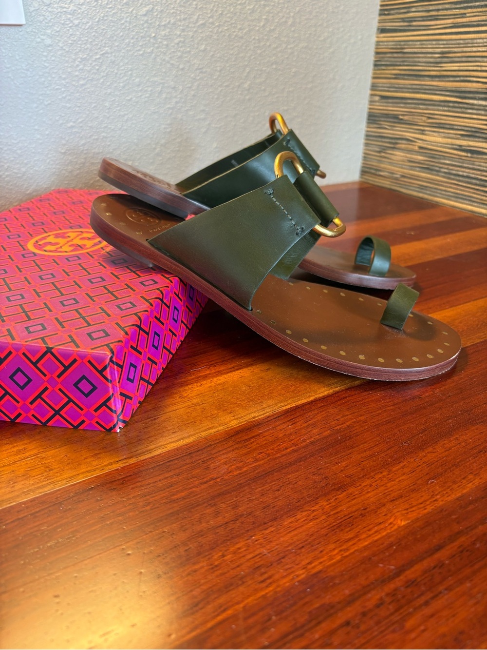Tory Burch Brannan Studded Sandals in Olive Green Leather with Gold Hardware